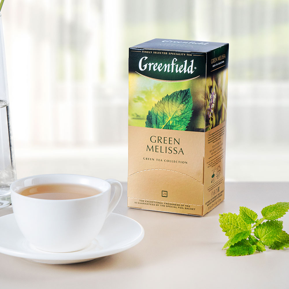 Пить чай с мелиссой. Чай зеленый Greenfield Green Melissa. Чай Гринфилд зеленый с мелиссой 25. Чай Гринфилд с мелиссой.